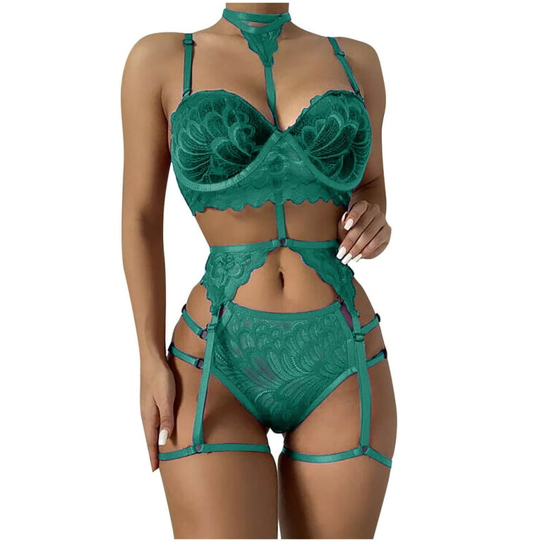 RQYYD Women Lingerie 3 Piece Lace Bra and Panty Sexy Sets with Underwire  Garter Lingerie with Choker (Green,M) 