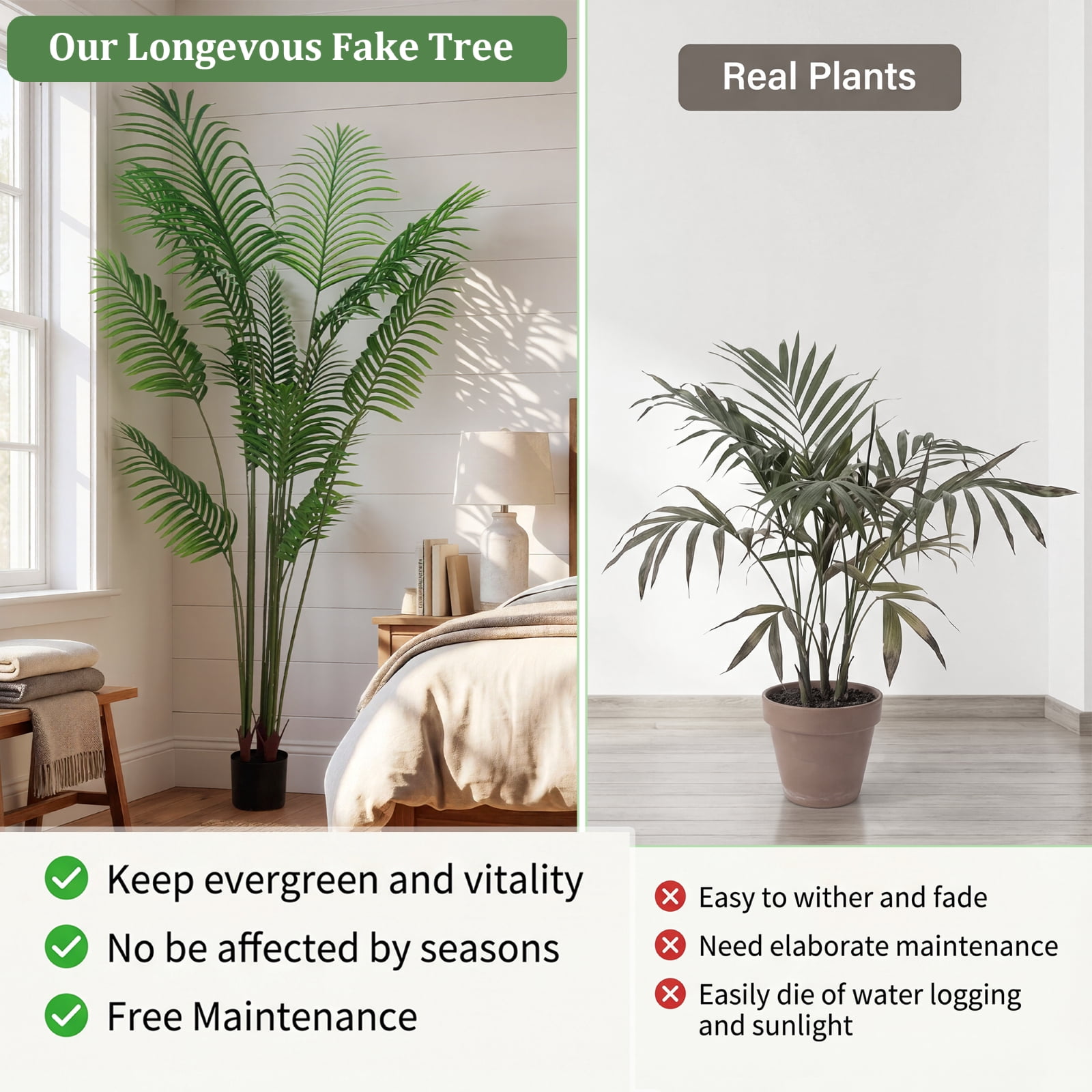 BEAUTYPEAK 6FT Artificial Palm Plants Fake Pre Potted Faux Green Tree Tall Fake House Plants Indoor Outdoor Floor Plant