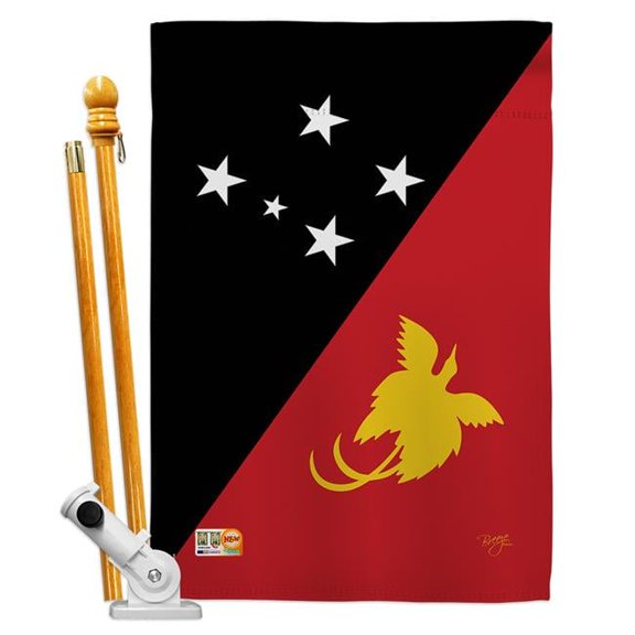 Breeze Decor BD-CY-HS-108260-IP-BO-D-US15-BD 28 x 40 in. Papua New Guinea Flags of the World Nationality Impressions Decorative Vertical Double Sided House Flag Set with Pole Bracket & Hardware