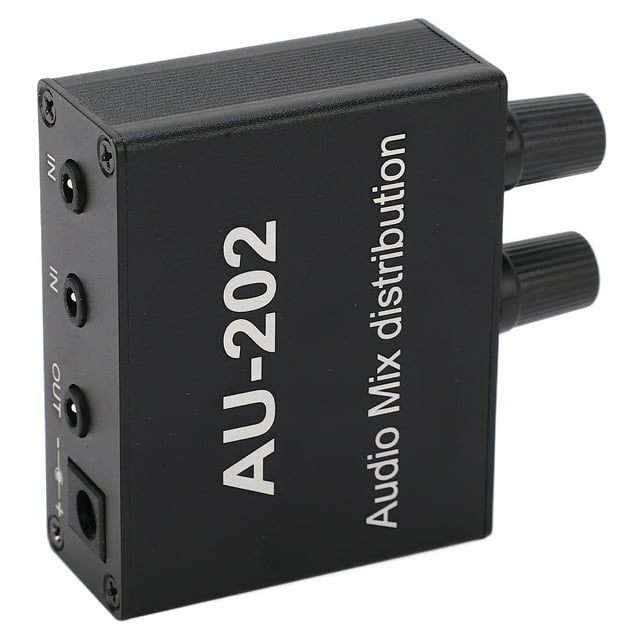 Minidistribuidor mezclador de audio estéreo de 2 entradas y 2 salidas con adaptador de corriente de 100 a 240 V y enchufe estadounidense