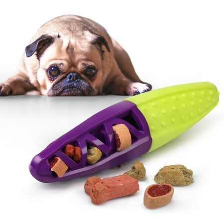 - Pet Toys for Dogs by Fluffy Paws Rubber Treat Fetch Toy Chewing FeedBall w/ Durable Squeaker Rubber Toy Non Toxic Strong Tooth Cleaning, Stick for Pet IQ Training Chewing Playing - Green & Purple
