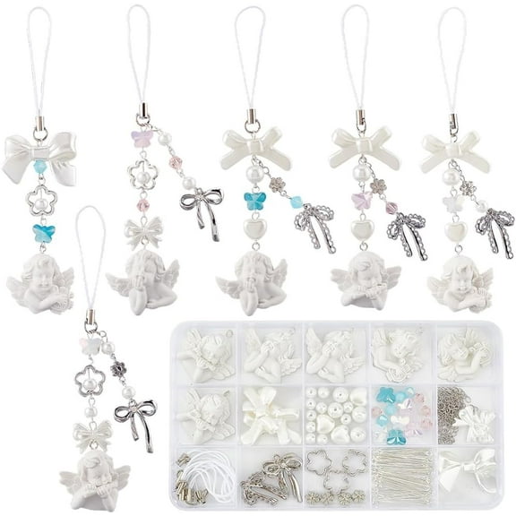 1 Box DIY 6 Sets Phone Charms Kit Bowknot Phone Charms Christmas White Angel Phone Keychain Pendants Flower Heart Butterfly Beads for Women Adults Cellphone Case Keychains Bag Decor