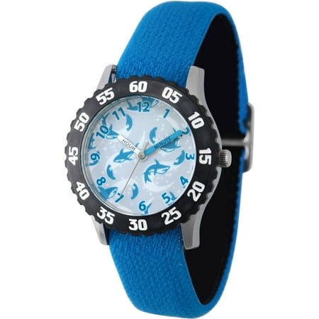 Discovery Channel Shark Week Boys' Stainless Steel Time Teacher Watch, Reversible Blue and Black Elastic Nylon Strap