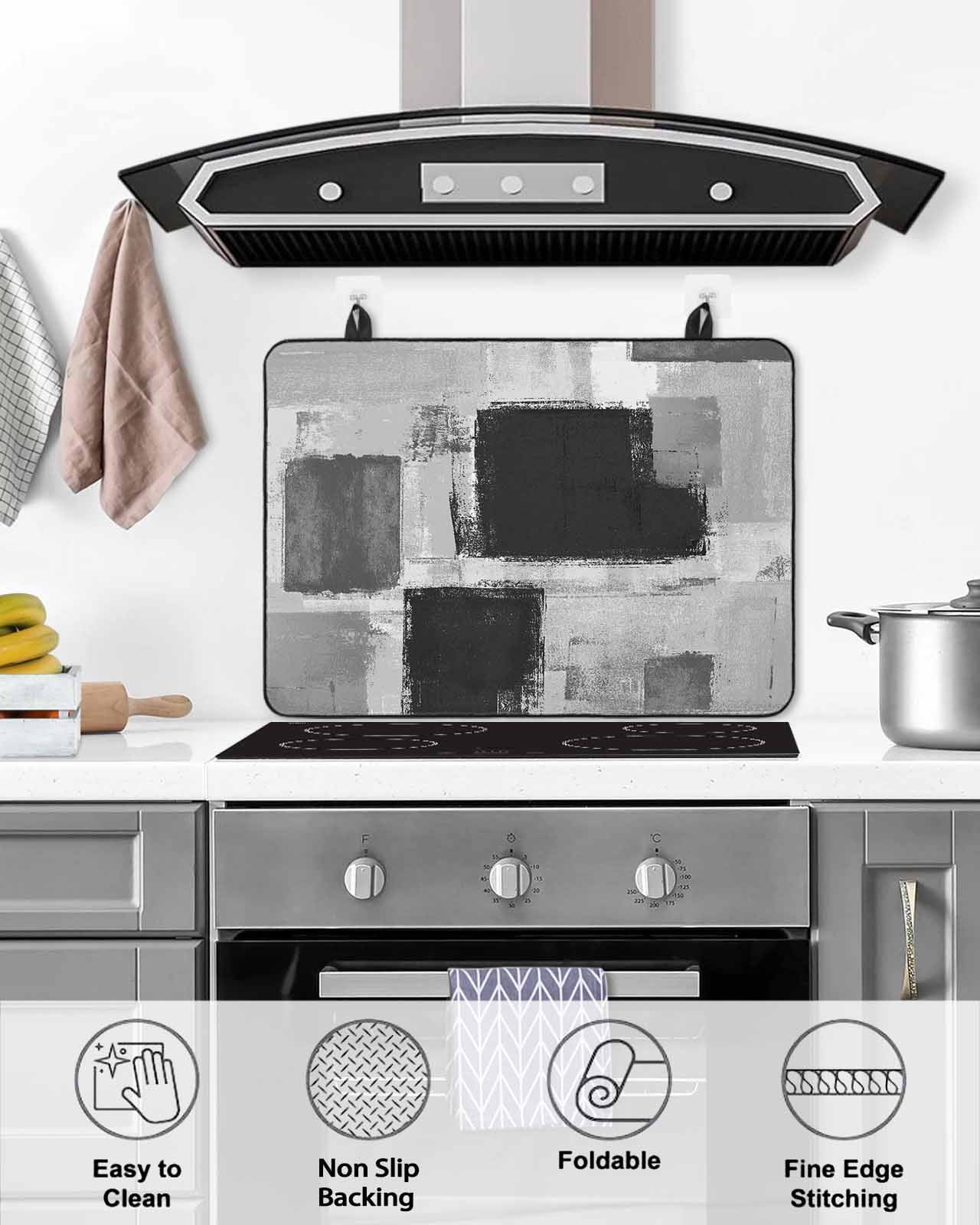 nqOlkjepod Large Induction Cooktop Protector Mat 36"x21", Black Grey Ombre Stove Top Covers for Electric Stove, Vintage Abstract Smear Aesthetics Stove Burner Cover Mats, Glass Top Stove Cover