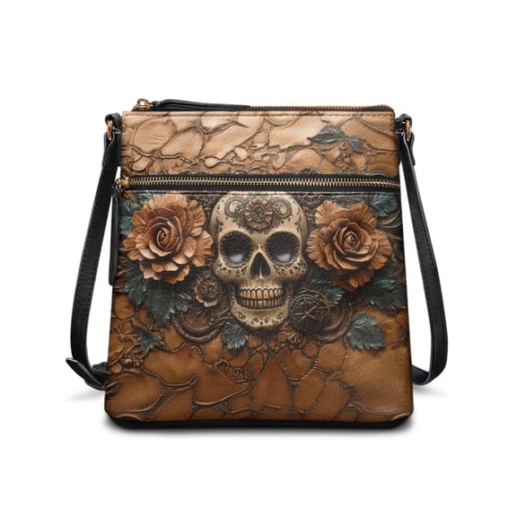 DISNIMO Skull Rose Print Crossbody Handbags Women's Messenger Bag with Zipper Fashion Lightweight Satchel Shoulder Bag with Multi-Pockets