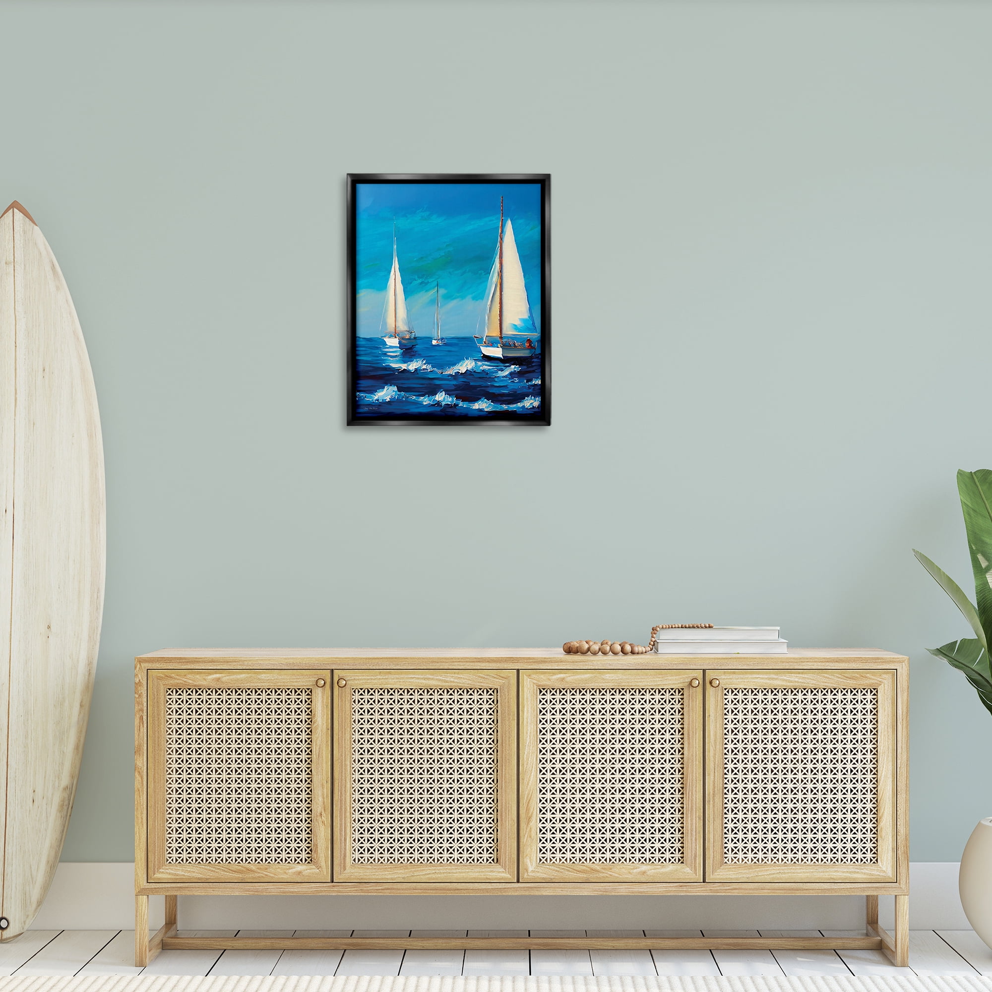 Stupell Industries Sailors on Ebbing Tide Nautical & Beach Painting Black Floater Framed Canvas Art Print Wall Art, 25 x 31