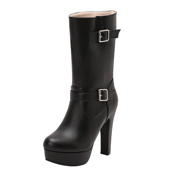 Black Solid Color Mid Calf Boots For Women With Belt Buckle And Platform Heel High Heel For A Fashionable Winter Look