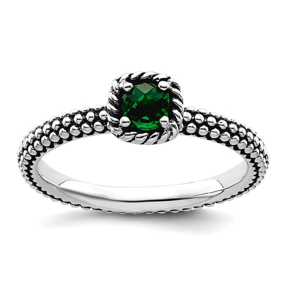2.25mm 925 Sterling Silver Prong set Oxidized Stackable Polished Created Emerald Ring Size 9 Stackable Ring for Women