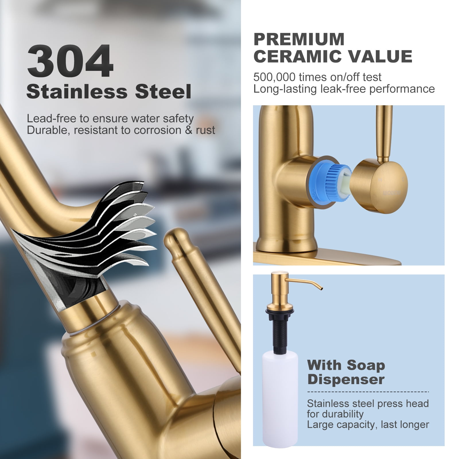 Wowow Stainless Steel Kitchen Faucet with Soap Dispenser, Gold Kitchen Faucet for Sinks