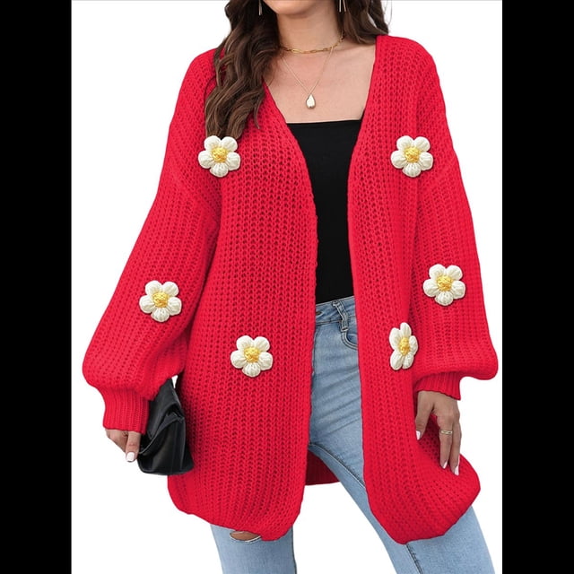 Suéteres Femeninos con Cuello en V, Larga, Estampado Floral, de Punto Abierto, Sin Botones, de Moda, para Exteriores. Gran Rojo Talla Única