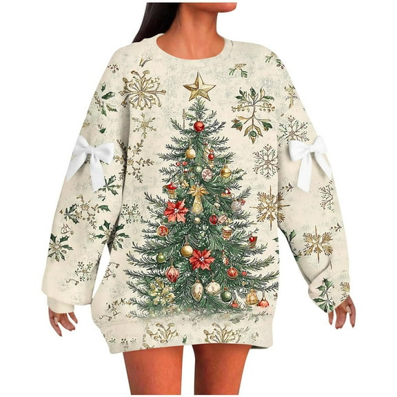 qucoqpe Christmas Oversized Sweatshirt for Women Fashion Christmas Tree Print Crew Neck Long Sleeve Pullover Tops