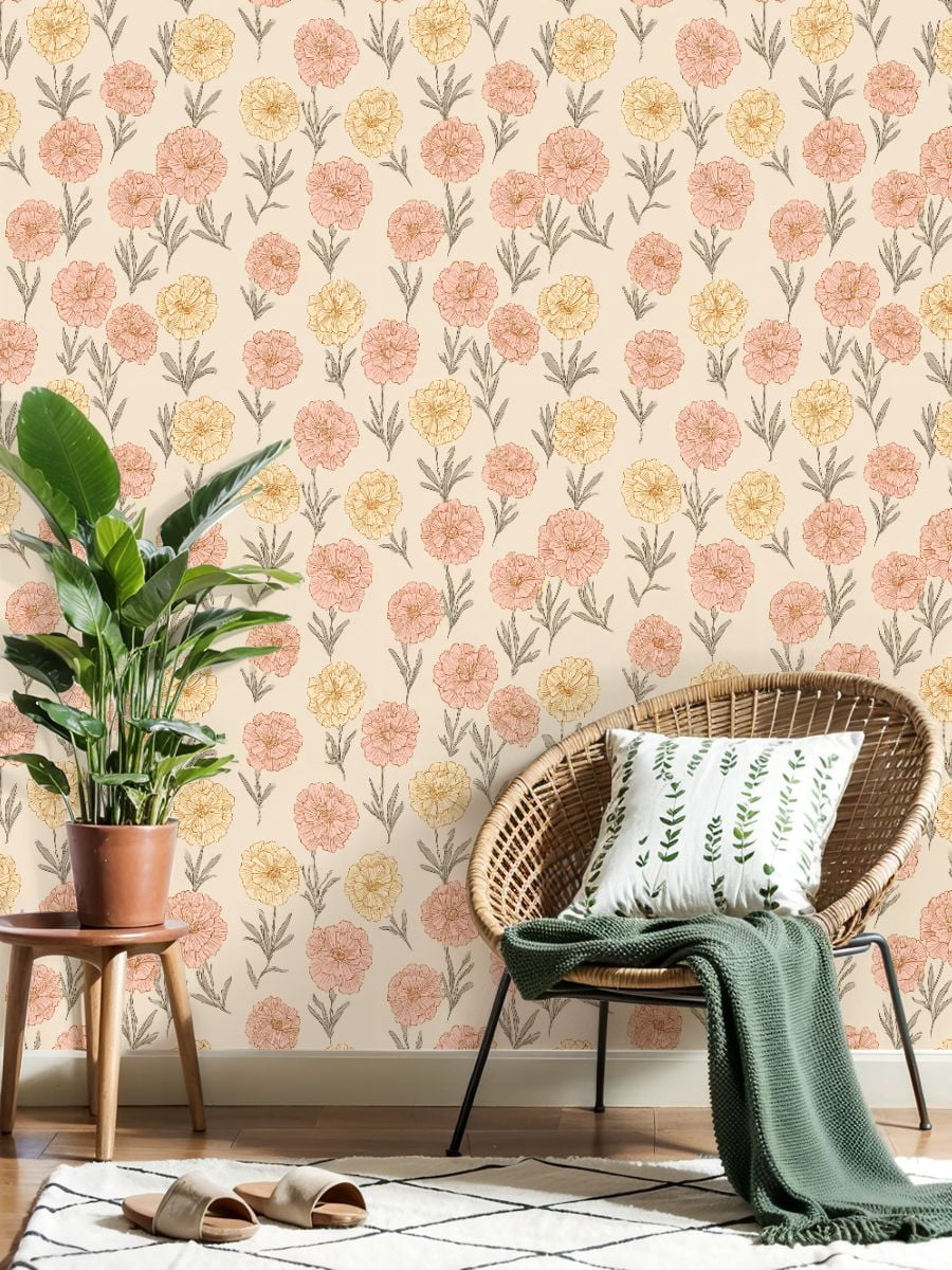 Peel and Stick Wallpaper Soft Pink Yellow Carnation Floral Beige vintage boho Wall Mural 23.6in x 9.8ft Self Adhesive Removable Wall Paper Renter Friendly Wallpaper for Bedroom Kitchen Bathroom