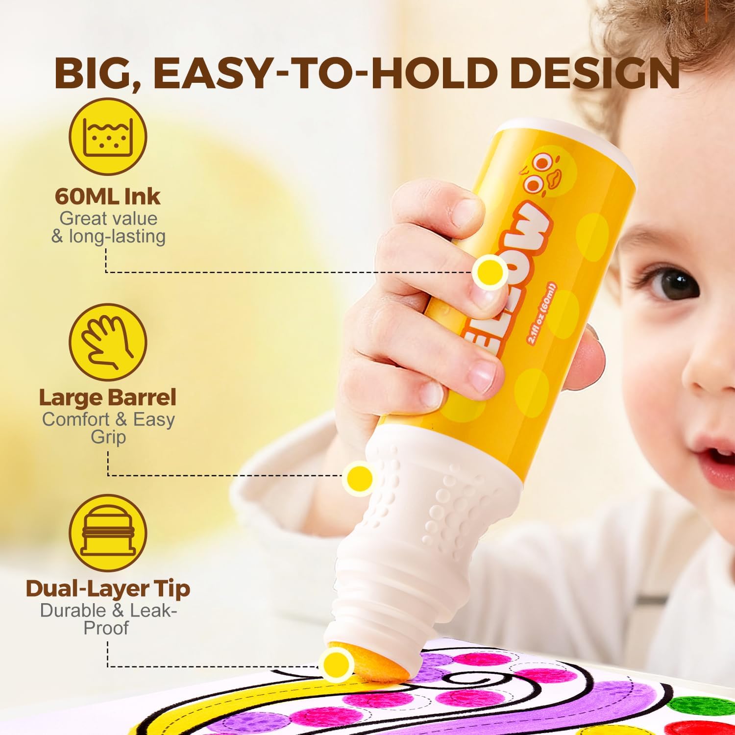 Jar Melo 12 Colors Washable Dot Markers Kit for 3-8+ Age Kids, Non Toxic Dot Paint Markers with 108 Free Pdf Activity Book & Physical Sheets 2.1 fl.oz