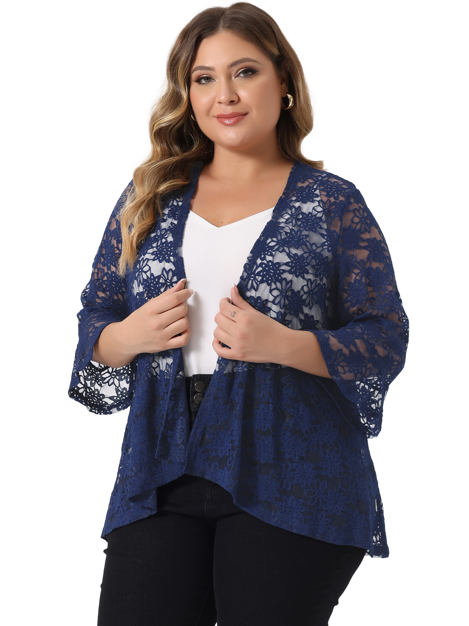DARING DIVA Women's Plus Size Casual Open Front 3/4 Sleeve Sheer Lace Cardigan L Blue