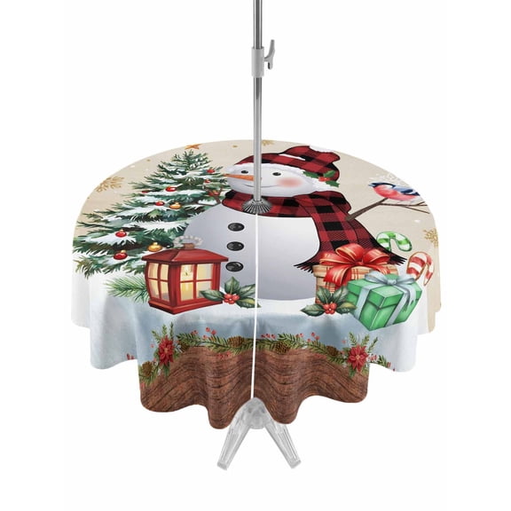 Outdoor Tablecloth with Umbrella Hole and Zipper, Snowman Christmas Round Table Cloth 54 Inch Waterproof Tablecloth, Xmas Tree Snowflake Gifts Winter Picnic Table Cover for Patio Camping