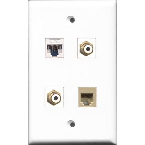 RiteAV - 2 Port RCA White and 1 Port Phone RJ11 RJ12 Beige and 1 Port Cat5e Ethernet White Wall Plate