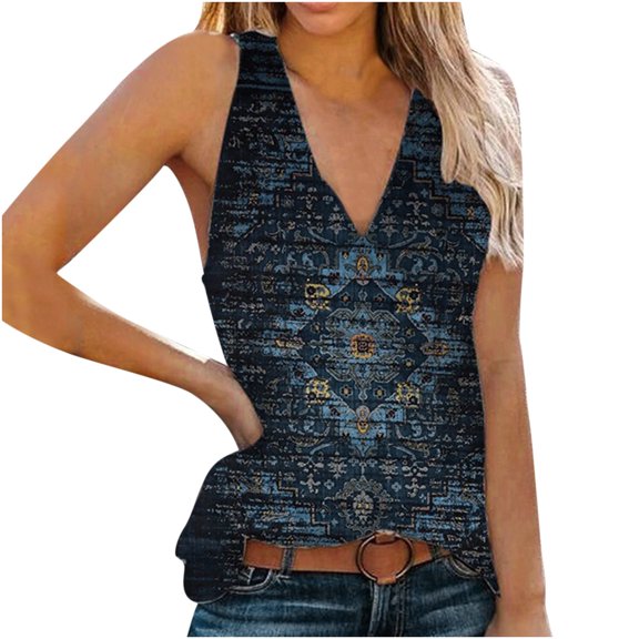 OAVQHLG3B Tank Top for Women Womens Summer Tops Casual Woman Causal V-Neck Printing Blouse Sleeveless T-Shirt Summer Tops