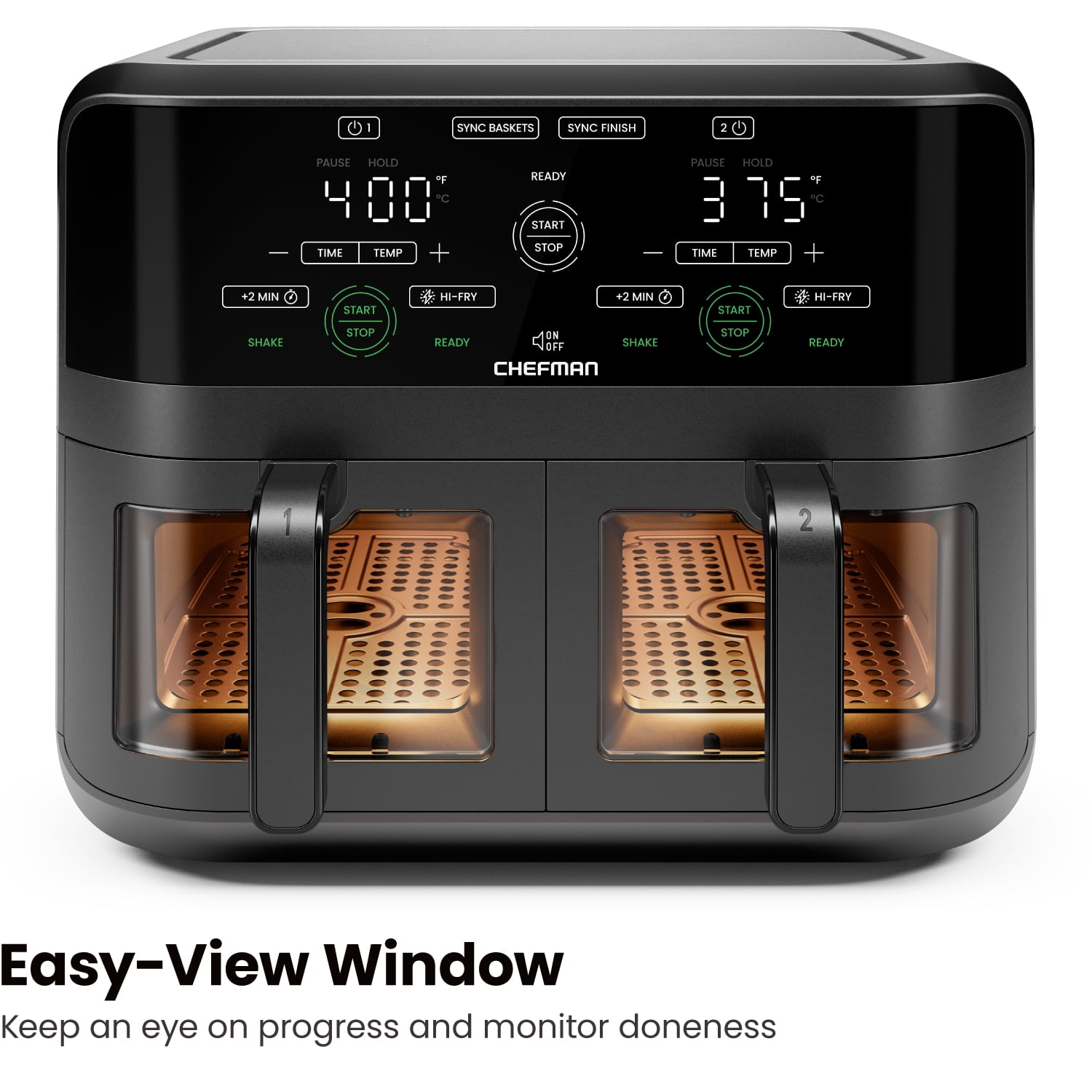 Chefman Dual Basket Digital Air Fryer Oven w Easy View Windows 2 Independent 3 Qt Baskets Black New