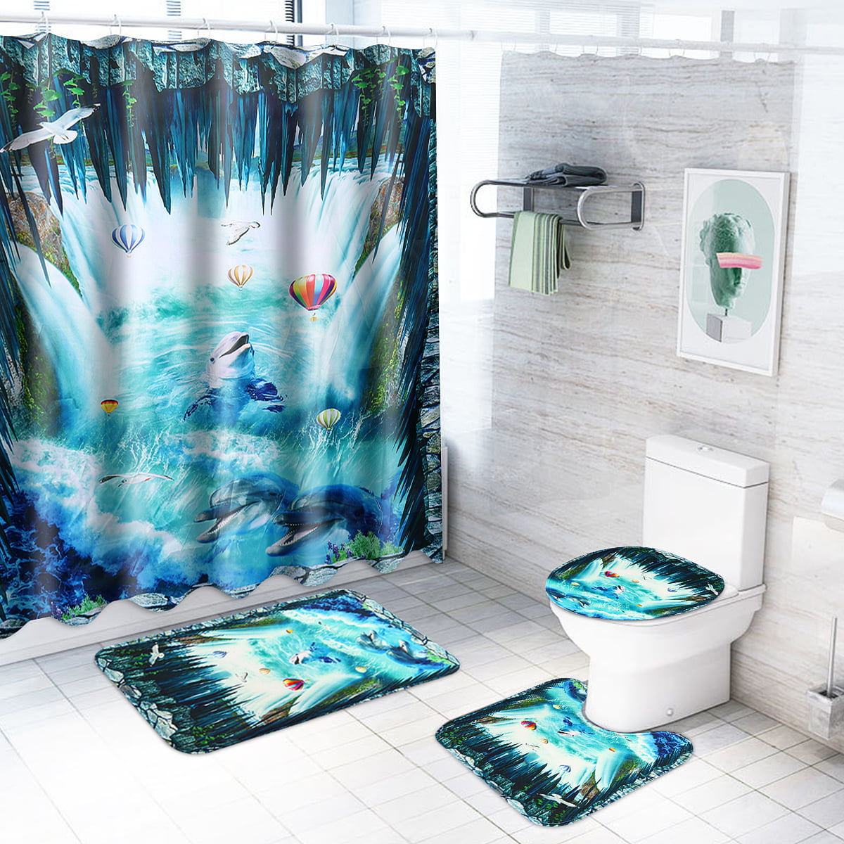 Revolver Gun Bullet Shower Curtain Set Bathroom Mat Non-Slip Toilet Lid Cover 