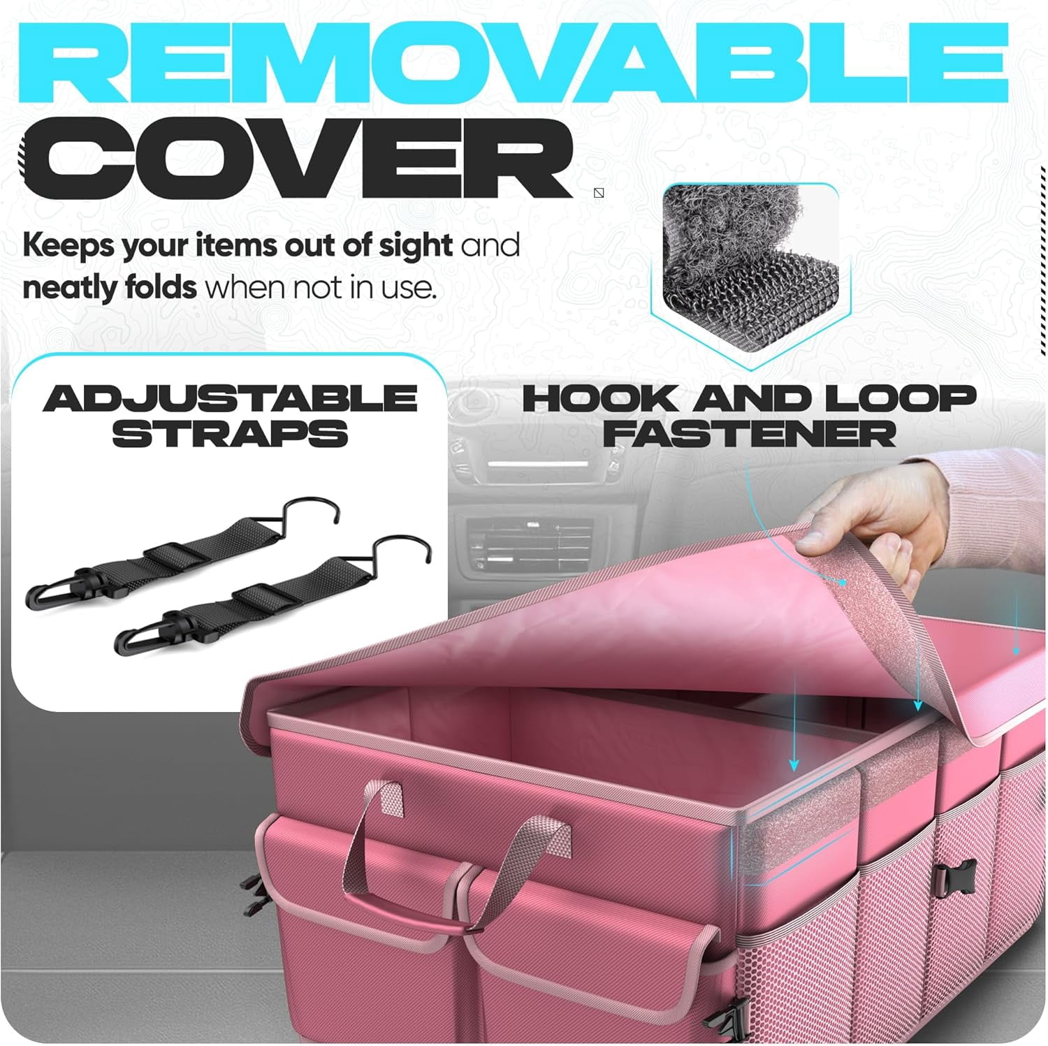 JiatuA Car Trunk Organizer For SUV - 8 Pocket Waterproof Storage, Foldable, 21"x15"x9" | Adjustable Straps, Black Oxford Fabric