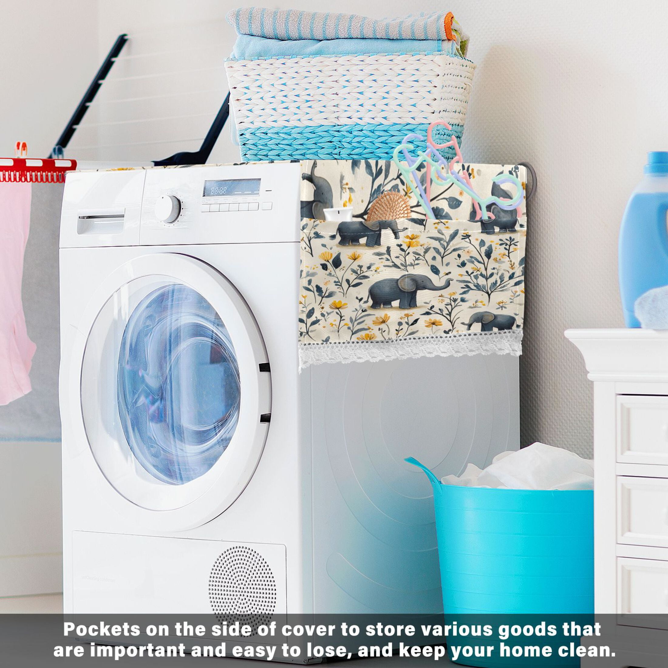Lovely ElephantsWasher and Dryer Covers Dust-Proof and Oil Resistant Fridge Cover with 4 Storage Pockets Washing Machine Top Cover for Laundry Kitchen Home 51.2 x 22 In