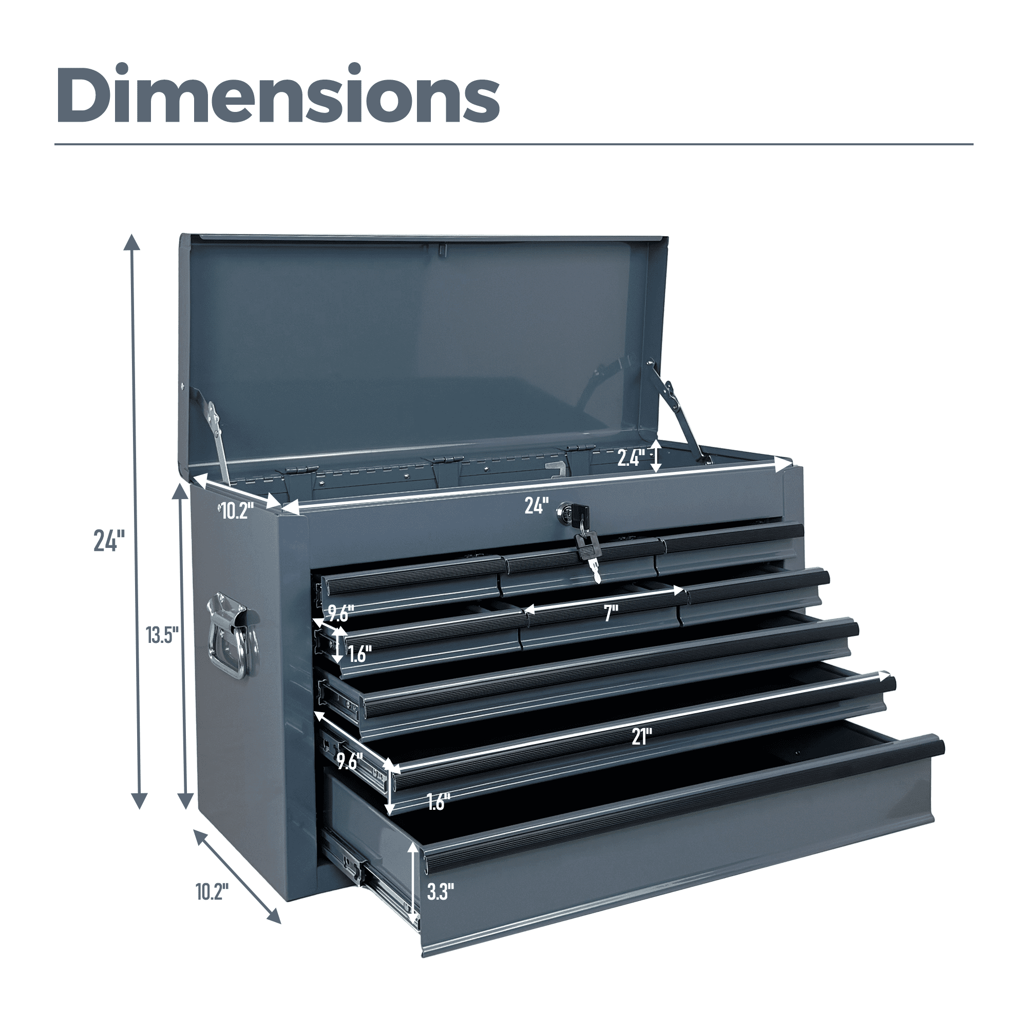 Heavy Duty Metal Tool Box,24 Inch Portable Tool Chest with 9 Drawers, Ball Bearing Slide Drawers with Auto-Locking System, Lockable Top Box Tool Organizer for Garage, Workshop, Truck,Grey