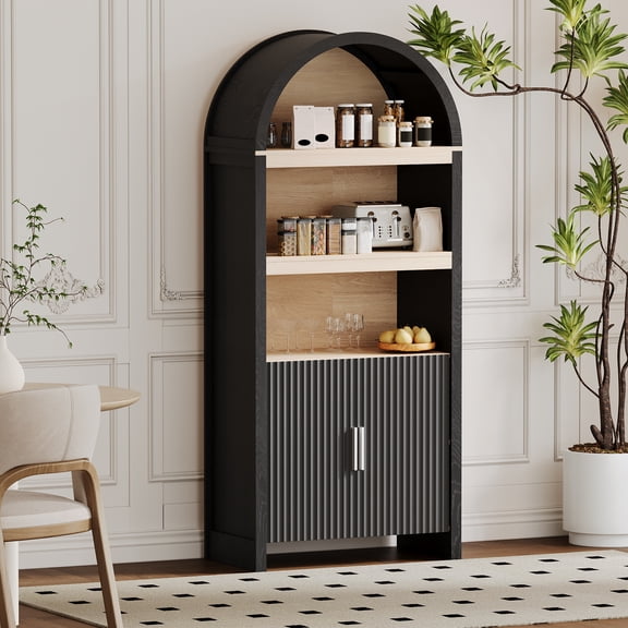Kicctian 71" Tall Arched Bookshelf Cabinet with Mid-Century Doors, 5-Tier Wooden Storage Cabinet with Adjustable Shelves and Open Display Shelves for Living Room, Dining Room or Office, Black