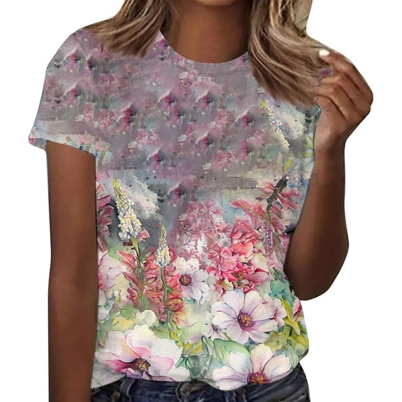 Women T Shirts Ladies Casual Crew Neck Graphic Print Short Sleeve Tee Tees for Women Light Purple L