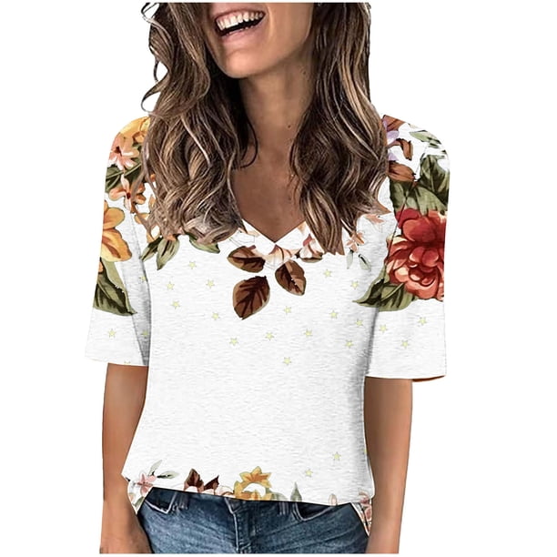 Camisetas de Manga Corta con Cuello en V Impresas, Camisetas Ligeras Y Elegantes con Cuello en V de las Mujeres