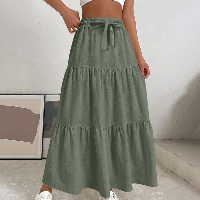 Karight Maxi Skirts for Women Trendy High Waisted Flowy Tiered Linen Skirt Casual Pleated A-Line Beach Long Skirts with Tie