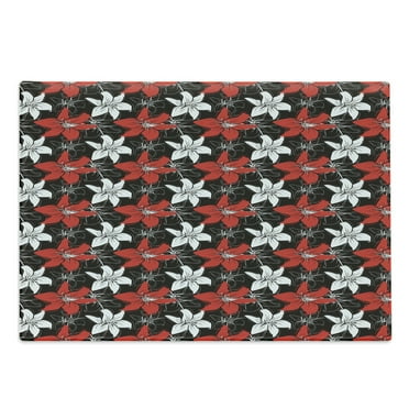 Floral Cutting Board, Bedding Plants Flourishing Garden Pattern Retro Nature, Decorative Tempered Glass Cutting and Serving Board, Large Size, Vermilion White Black, by Ambesonne