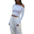 thumbnail image 1 of Fortune Women Basic Slim T-Shirts Solid Long Sleeve Ruched Off Shoulder Crop Top, 1 of 7