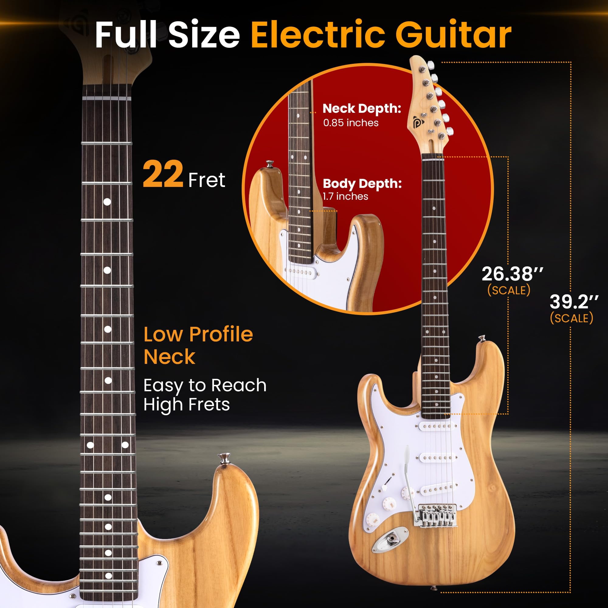 Pyle Full Size Left Handed Electric Guitar Kit with 5W Amplifier, Gig Bag, Picks, Spare Strings, and Strap, ST-Style Beginner Guitar Bundle with 22 Frets, Paulownia Wood Body, Natural