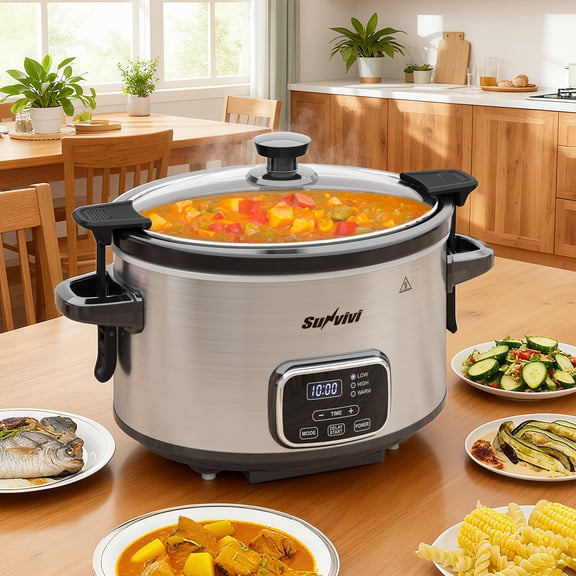 RoyalCraft 4QT Digital Slow Cooker, Programmable Crock Pot with Locking Lid, Timer, 3 Heat Settings & Removable Ceramic Insert, Silver
