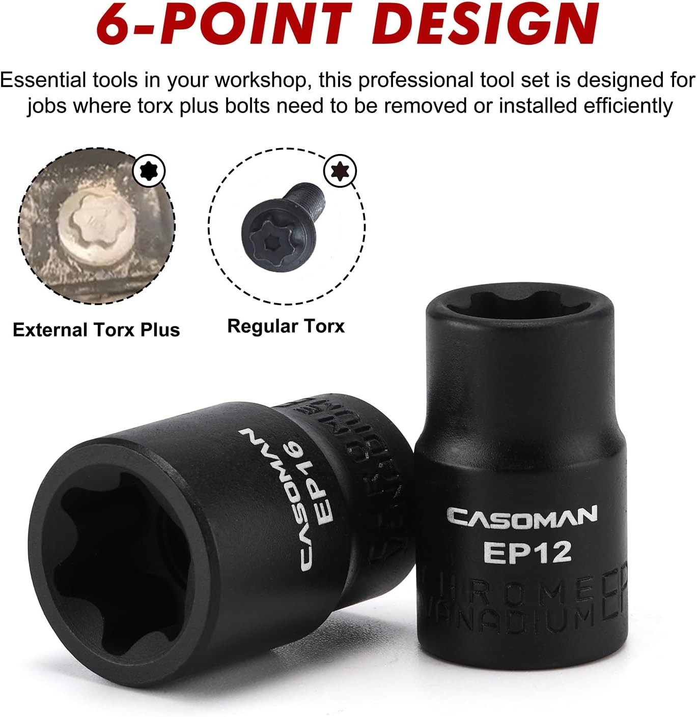 19PCS External Torx Plus Socket Set, 6 Point EP Socket EP4-EP32 with 1/2'', 3/8'' & 1/4'' Dr, 5 Point EP Socket 1/2'' Dr. EP8.8 Compatible with Tesla, Cr-V Steel