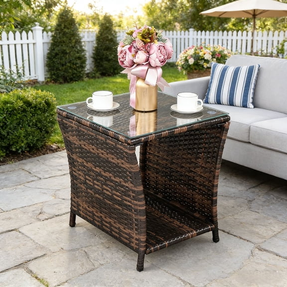 Ktaxon Side Table Porch Square Side Coffee Table with Glass Top, Rattan End Table for Outdoor and Indoor, Brown