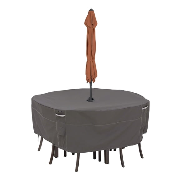 Classic Accessories Ravenna - Mesa Redonda para Patio y sillas con Orificio para Paraguas, Marrón Topo, Pequeño