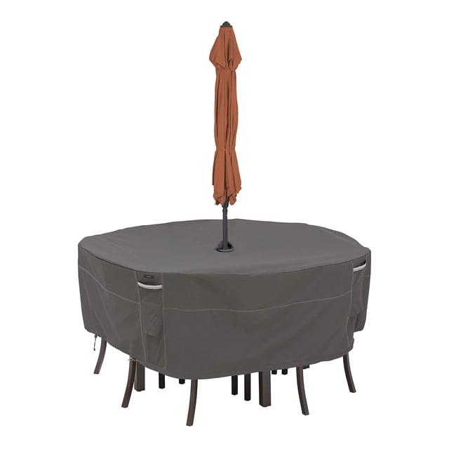 Classic Accessories Ravenna - Mesa Redonda para Patio y sillas con Orificio para Paraguas, Marrón Topo, Pequeño