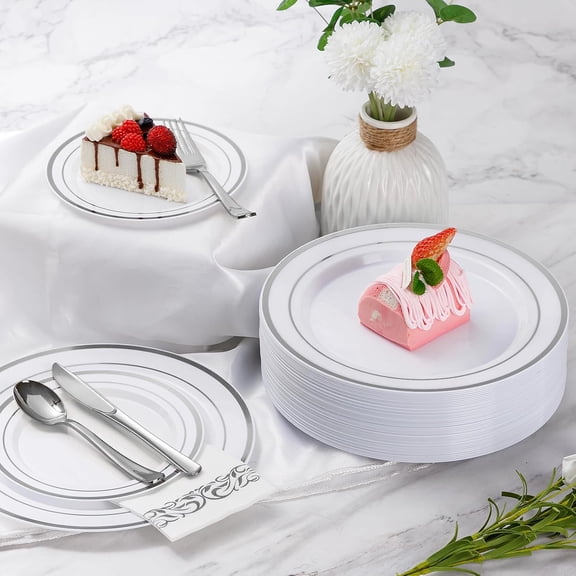 Goodluck 350 Pieces Silver Dinnerware Set for 50 Guests, disposable Plastic Plates for Party, Include: 50 Dinner Plates, 50 Dessert Plates, 50 Paper Napkins, 50 Cups, 50 Silverware set
