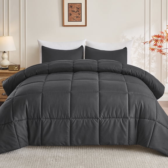 Mosluna Queen Size Comforter Sets, 3 Piece Soft Quilted Bedding Sets, All-Season Down Alternative Comforter with 2 Pillow Shams, Dark Gray