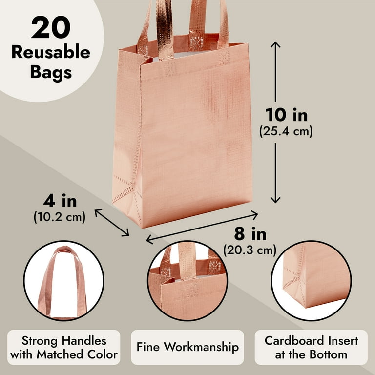 20 Pack Reusable Grocery Bags Gift Bags with Handles For Bridesmaid Bachelorette Birthday Non Woven Shopping Bag Rose Gold 10x4x8 In