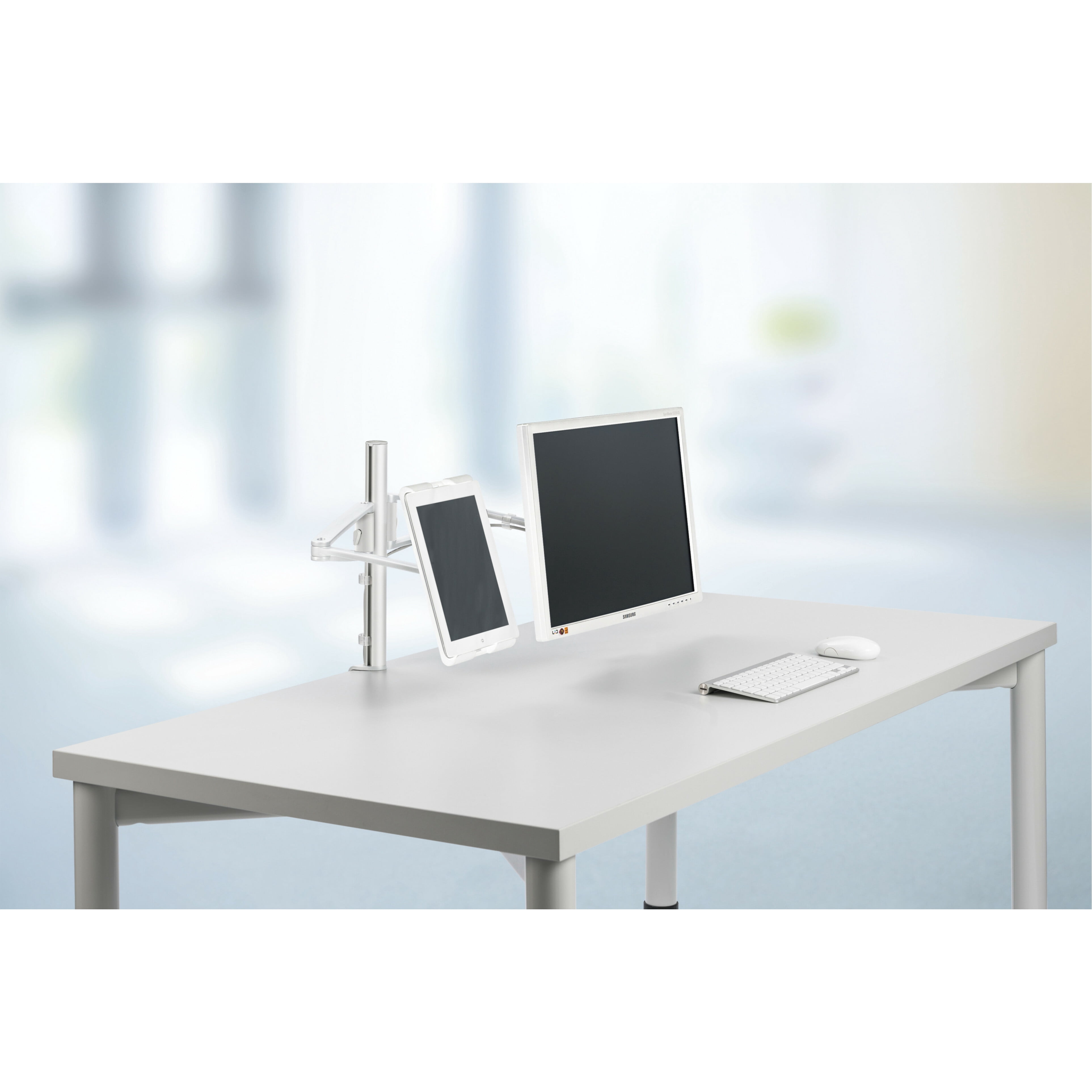 Novus MY Twin Dual Monitor Arms with 13.75" MY Column with System Clamp Base, Ergonomic & Adjustable, Silver