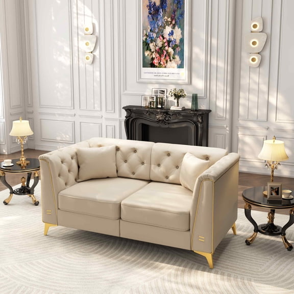 FFH 61.8" Chesterfield Sofa, 2-Seater Modular Faux Leather Couch for Living Room, Button Tufted, Beige