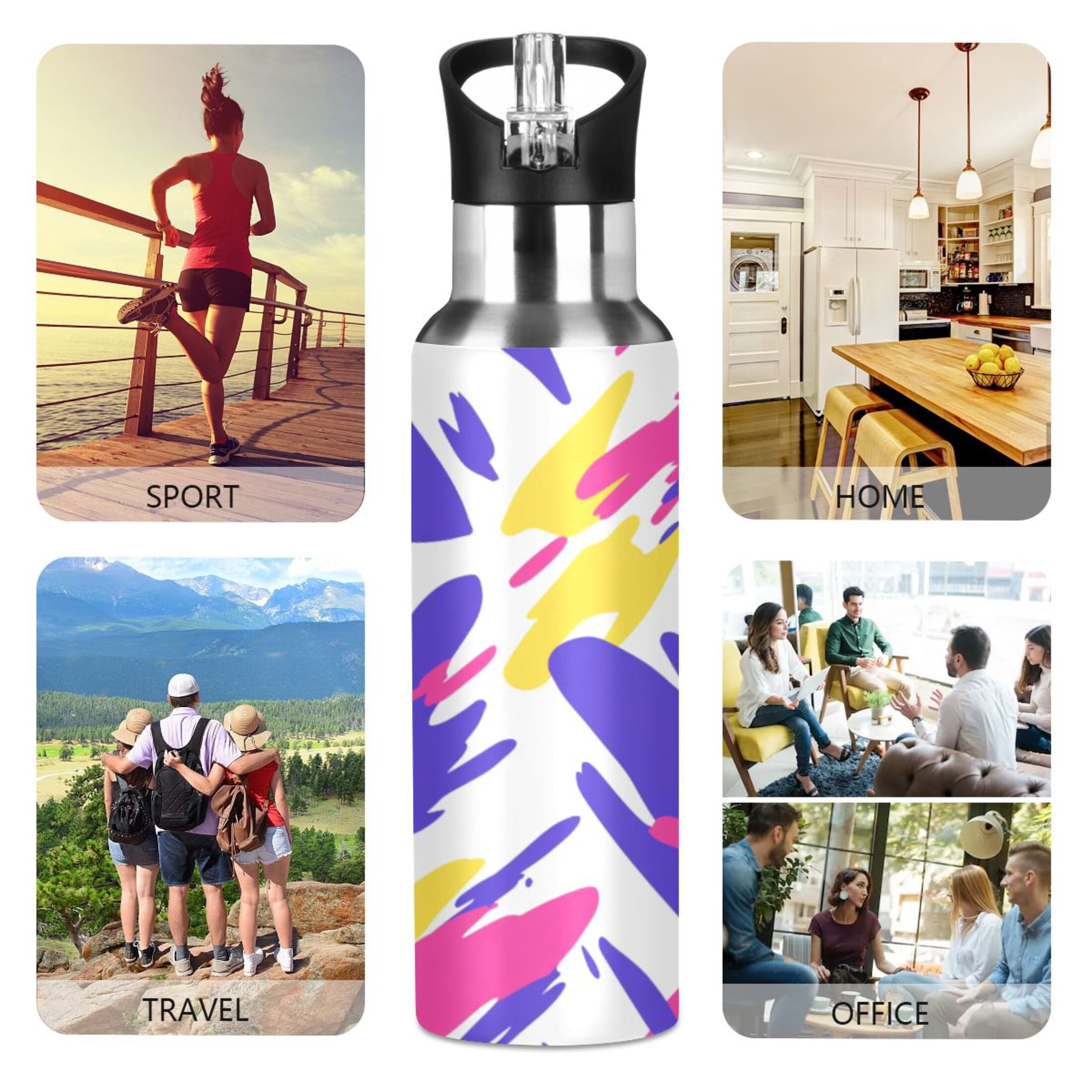 Colorful Abstract Brush Strokes 600ml Double Walled Stainless Steel LeakProof Sports Bottle Thermo 8h