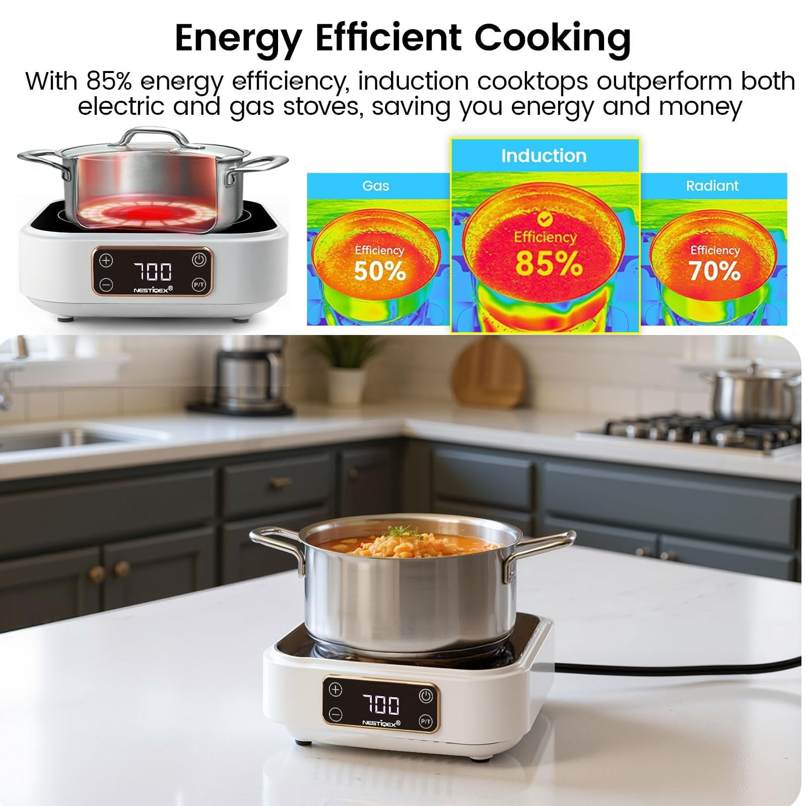 Abangdun 700W 120V Mini Induction Cooktop with Stainless Steel Moka Pot 4 Cup (5.7 Oz)– Stovetop Espresso Maker Set, Espresso Stove Top Coffee Maker for RV, Travel, Small Kitchen Electric Stove