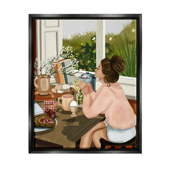 Stupell Industries Girl with Cozy Breakfast Food & Beverage Painting Black Floater Framed Canvas Art Print Wall Art, 17 x 21