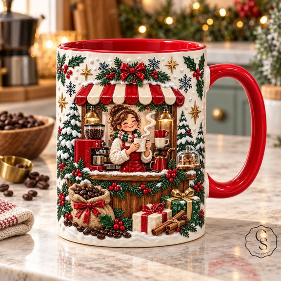 Christmas Coffee Mug, Festive Holiday Café Scene for Cozy Sips and Barista Gifts