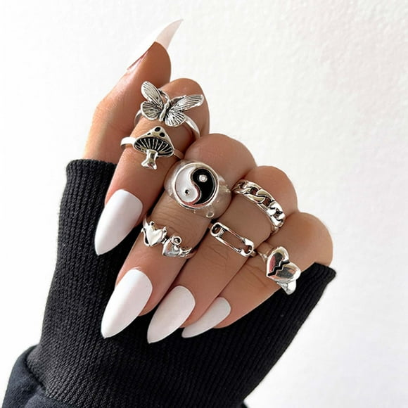 TopLLC Rings 6pcs Set Heart Butterfly Fungus Hip Hop Temperament Ladies Jewelry fashion ring