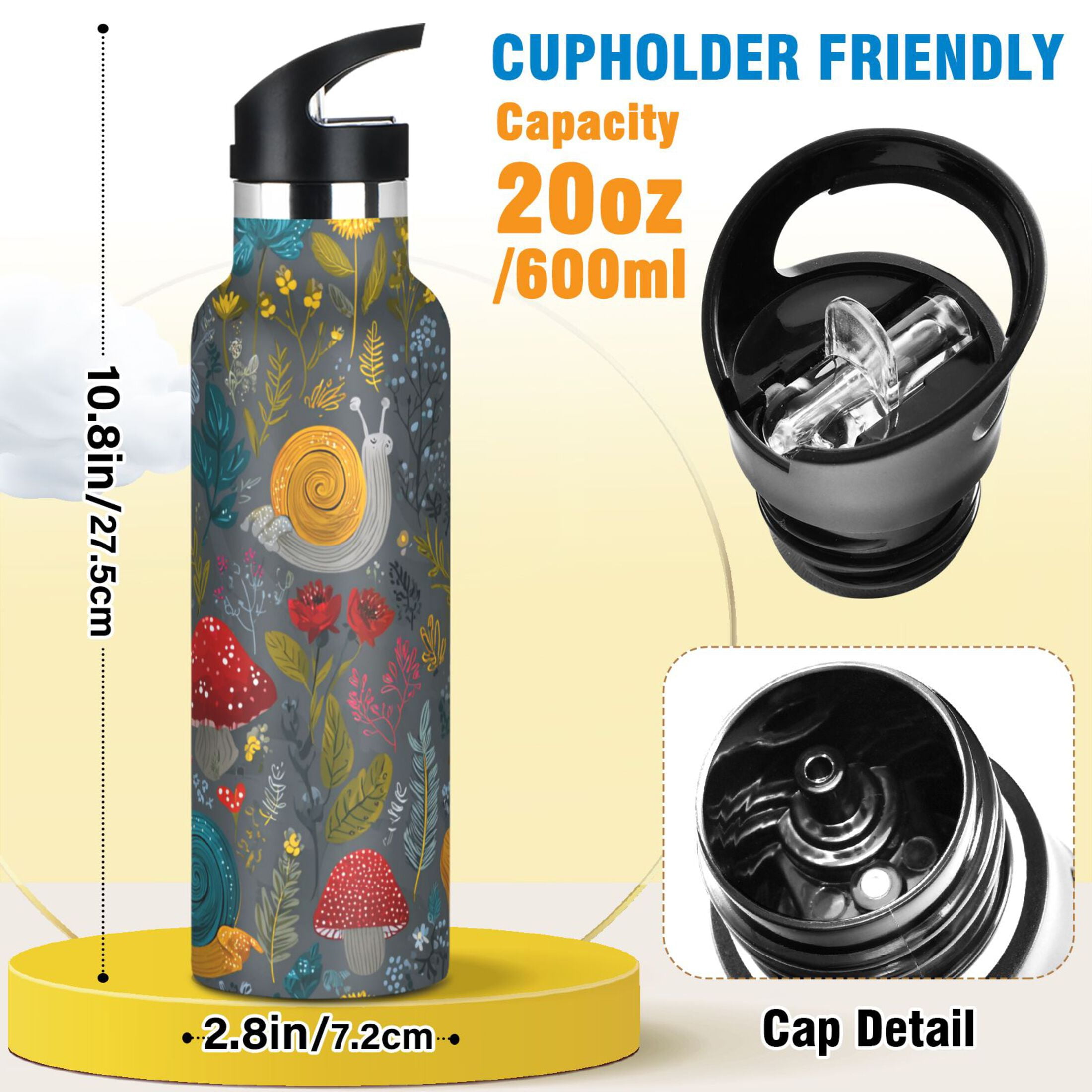 Kids Insulated Stainless Steel Sports Water Bottle 600ml (20oz) Cute Snails and Mushrooms
