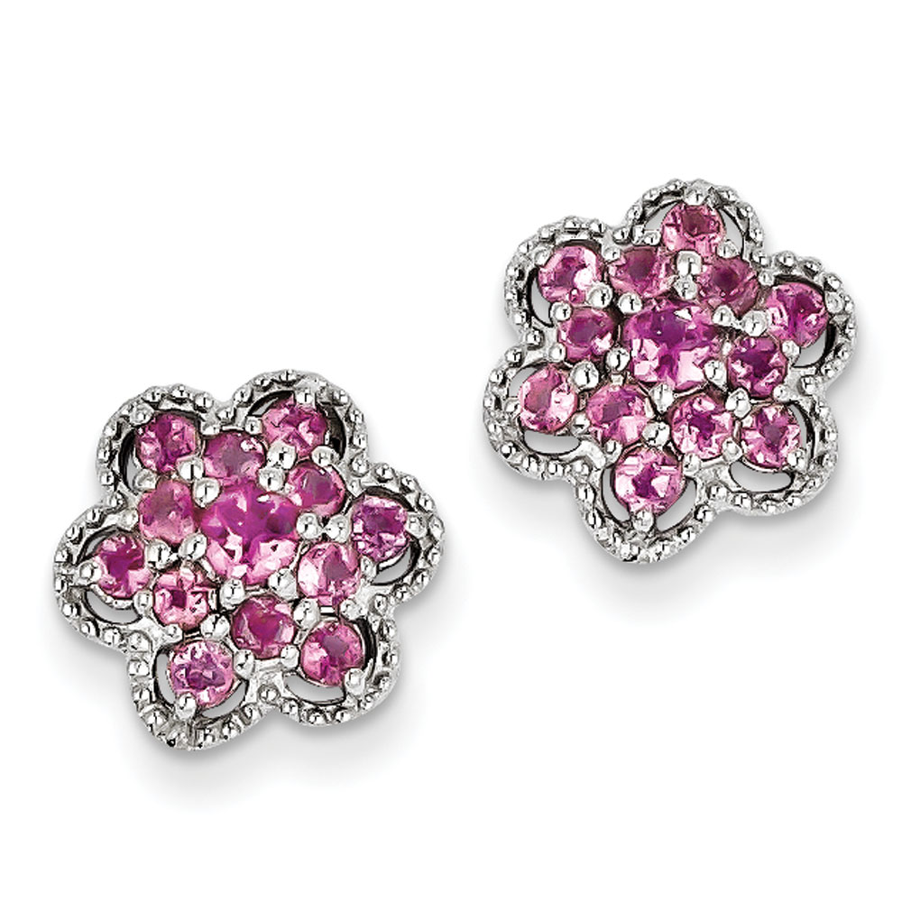 Sterling Silver Polished Rhodium-plated Pink Tourmaline Flower Post Earrings .87 cwt by Jewelryweb